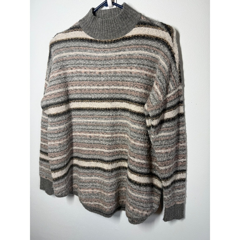 American Eagle Striped Mock Neck Sweater Grey Pink Sz S Stretch Casual Cabincore